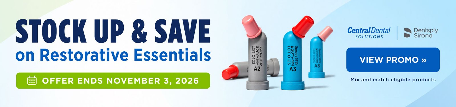 Dentsply Sirona Direct Restorative promotion banner featuring Buy 4 Get 1 Free or Buy 10 Get 3 Free offers.
