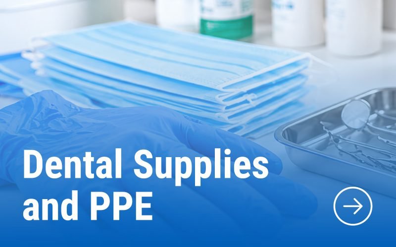 Dental supplies and personal protective equipment including gloves, masks and dental instruments.