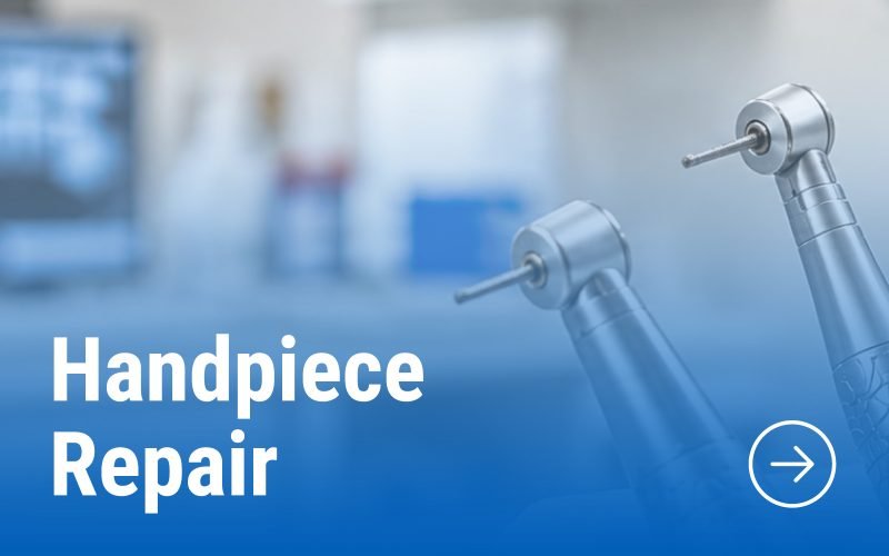 Dental handpieces and high-speed dental drills arranged in a clinical equipment holder.